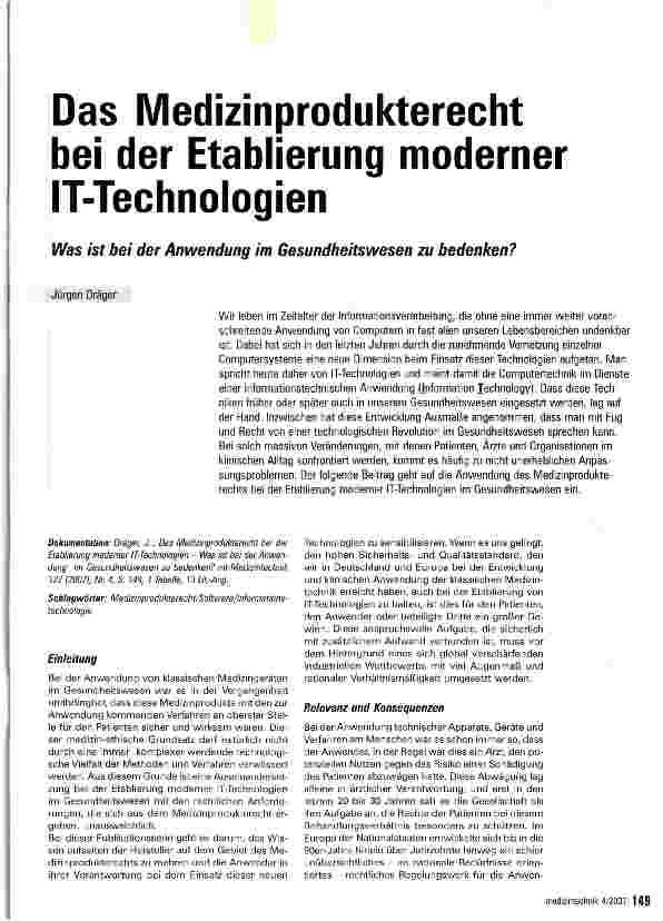 Vorschauseite 1: Das Medizinprodukterecht bei der Etablierung moderner IT-Technologien