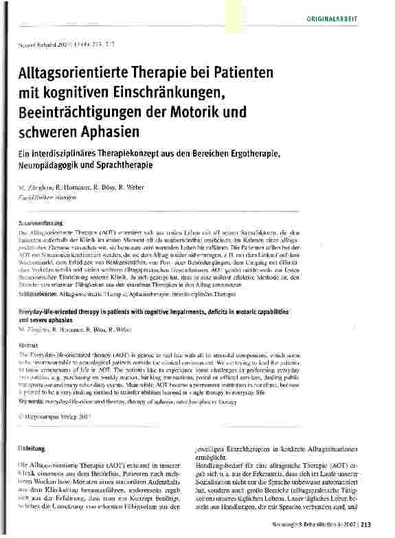 Vorschauseite 1: Alltagsorientierte Therapie bei Patienten mit kognitiven Einschränkungen, Beeinträchtigungen der Motorik und schweren Aphasien