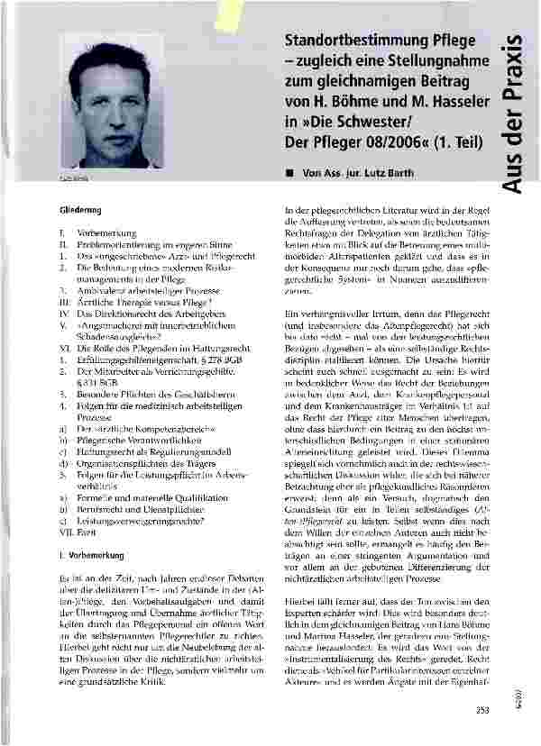 Vorschauseite 1: Standortbestimmung Pflege -zugleich eine Stellungnahme zum gleichnamigen Beitrag von H. Böhme und M. Hasseler in Die Schwester/ Der Pfleger 08/2006 (1. Teil)
