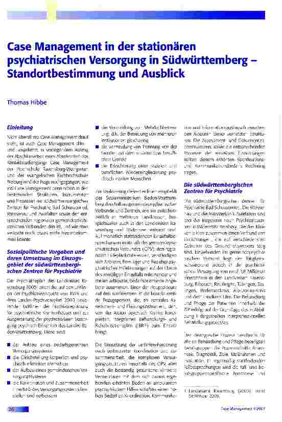 Vorschauseite 1: Case Management in der stationären psychiatrischen Versorgung in Südwürttemberg Standortbestimmung und Ausblick