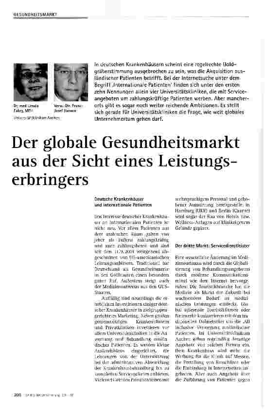 Vorschauseite 1: Der globale Gesundheitsmarkt aus der Sicht eines Leistungserbringers