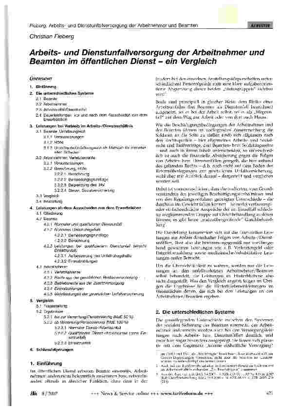 Vorschauseite 1: Arbeitsund Dienstunfallversorgung der Arbeitnehmer und Beamten im öffentlichen Dienst - ein Vergleich