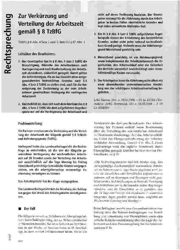 Vorschauseite 1: Zur Verkürzung und Verteilung der Arbeitszeit gemäß § 8 TzBfG