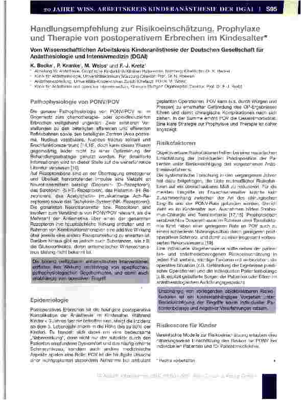 Vorschauseite 1: Handlungsempfehlung zur Risikoeinschätzung, Prophylaxe und Therapie von postoperativem Erbrechen im Kindesalter