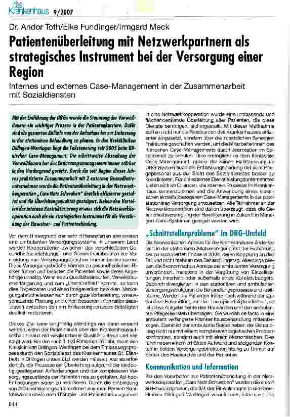Vorschauseite 1: Patientenüberleitung mit Netzwerkpartnern als strategisches Instrument bei der Versorgung einer Region