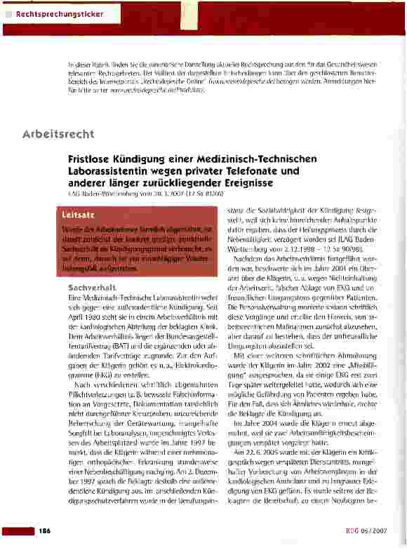 Vorschauseite 1: Fristlose Kündigung einer Medizinisch-Technischen Laborassistentin wegen privater Telefonate und anderer länger zurückliegender Ereignisse