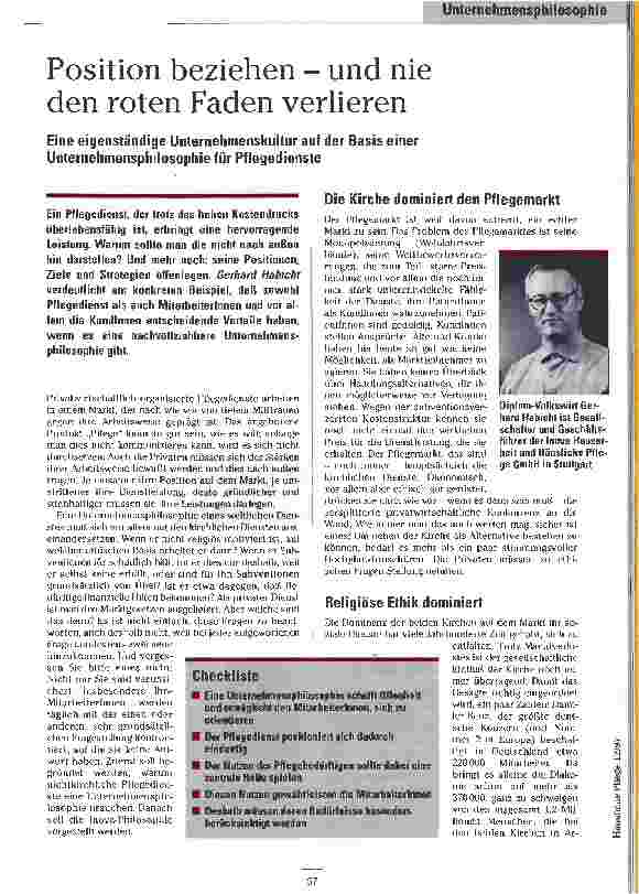 Vorschauseite 1: Position beziehen - und nie den roten Faden verlieren Eine eigenständige Unternehmenskultur auf der Basis einer Unternehmungsphilosophie für Pflegedienste