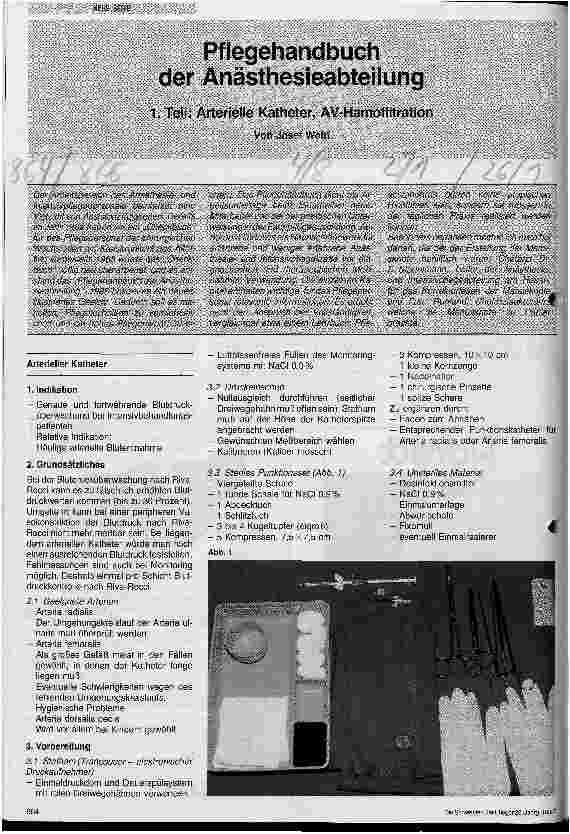 Vorschauseite 1: Pflegehandbuch der Anästhesieabteilung Teil 1: Arterielle Katheter, AV Hämofiltration