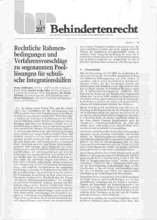 Vorschauseite 1: Rechtliche Rahmenbedingungen und Verfahrensvorschläge zu sogenaimten Poollösungen für schulische Integrationshilfen