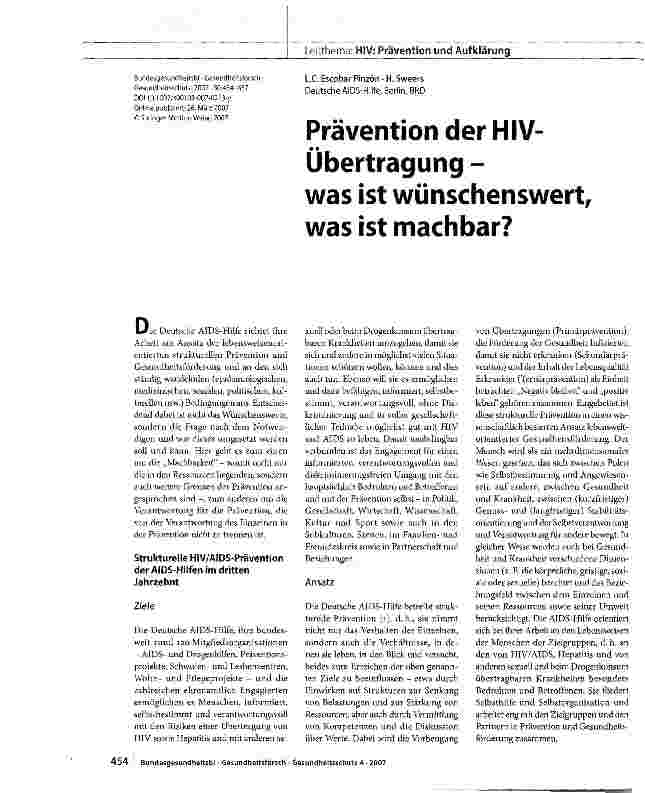Vorschauseite 1: Prävention der HIV-Übertragung -was ist wünschenswert, was ist machbar?
