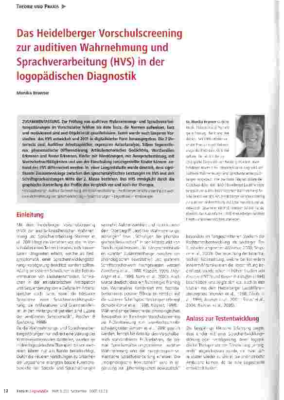 Vorschauseite 1: Das Heidelberger Vorschulscreening zur auditiven Wahrnehmung und Sprachverarbeitung (HVS) in der logopädischen Diagnostik