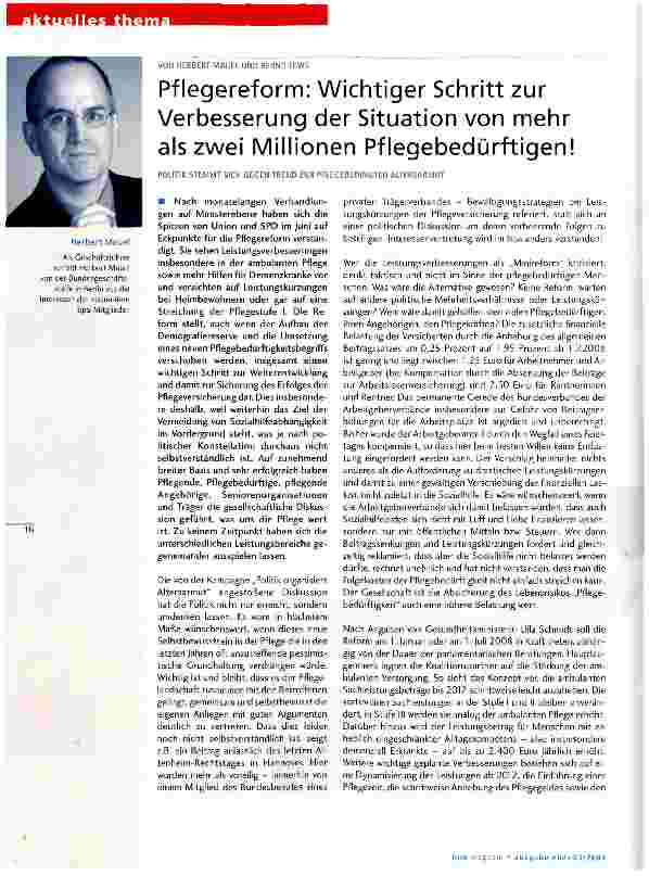Vorschauseite 1: Pflegereform: Wichtiger Schritt zur Verbesserung der Situation von mehr als zwei Millionen Pflegebedürftigen!