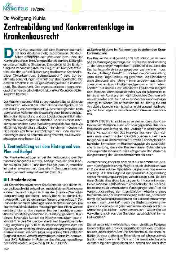 Vorschauseite 1: Zentrenbildung und Konkurrentenklage im Krankenhausrecht