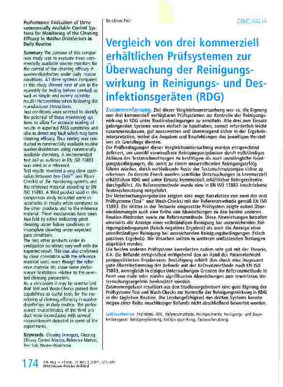 Vorschauseite 1: Vergleich von drei kommerziell erhältlichen Prüfsystemen zur Überwachung der Reinigungswirkung in Reinigungsund Desinfektionsgeräten (RDG