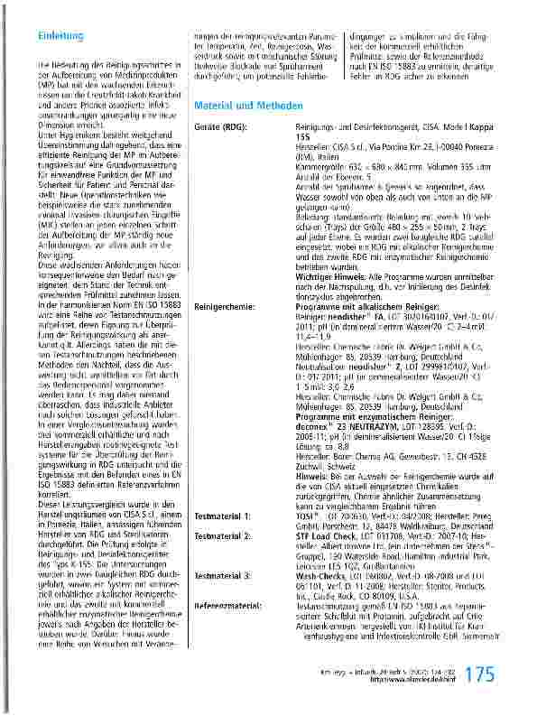 Vorschauseite 2: Vergleich von drei kommerziell erhältlichen Prüfsystemen zur Überwachung der Reinigungswirkung in Reinigungsund Desinfektionsgeräten (RDG
