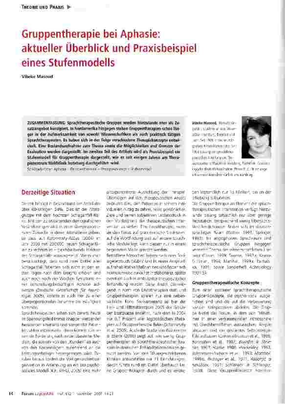 Vorschauseite 1: Gruppentherapie bei Aphasie: aktueller Überblick und Praxisbeispiel eines Stufenmodells