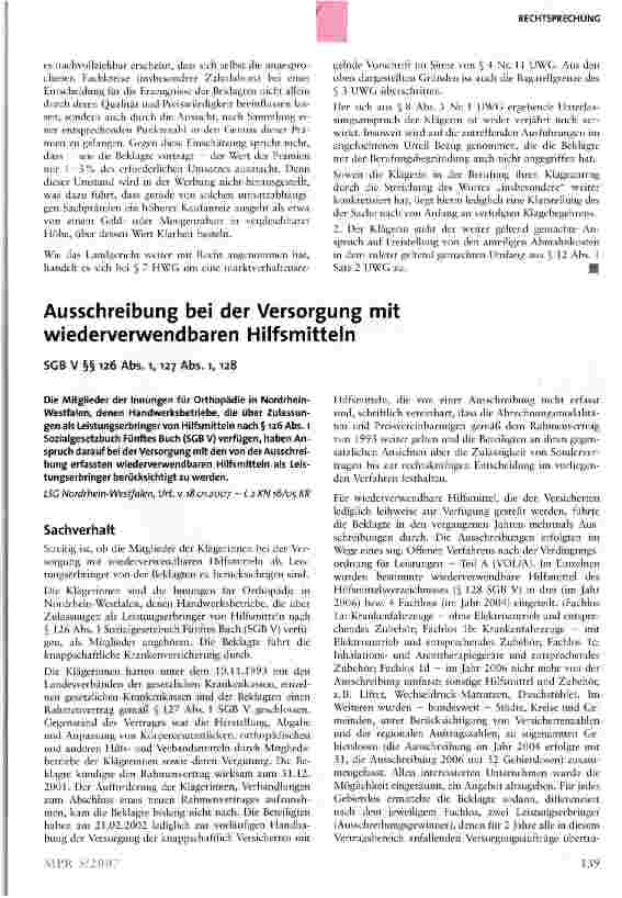 Vorschauseite 1: Ausschreibung bei der Versorgung mit wiederverwendbaren Hilfsmitteln