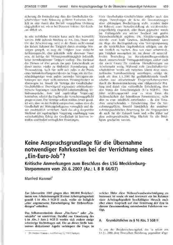 Vorschauseite 1: Keine Anspruchsgrundlage für die Übernahme notwendiger Fahrkosten bei der Verrichtung eines Ein-Euro-Job?