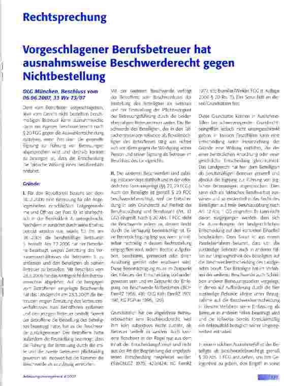 Vorschauseite 1: Vorgeschlagener Berufsbetreuer hat ausnahmsweise Beschwerderecht gegen Nichtbestellung
