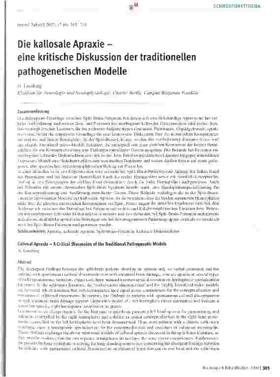 Vorschauseite 1: Die kallosale Apraxie - eine kritische Diskussion der traditionellenpathogenetischen Modelle