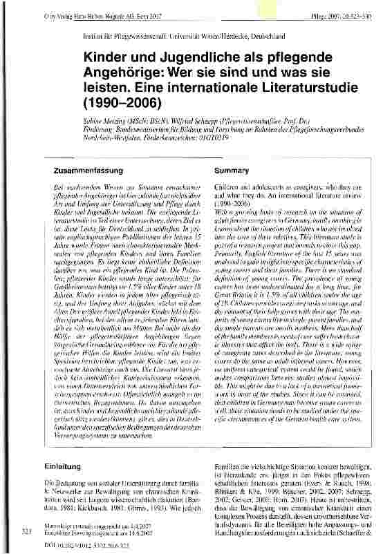 Vorschauseite 1: Kinder und Jugendliche als pflegende Angehörige: Wer sie sind und was sie leisten. Eine internationale Literaturstudie (1990-2006)