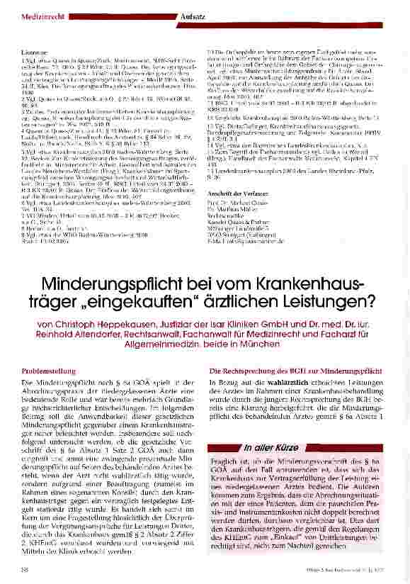 Vorschauseite 1: Minderungspflicht bei vom Krankenhausträger „eingekauften ärztlichen Leistungen?