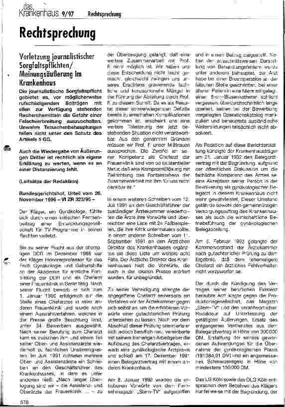 Vorschauseite 1: Verletzung journalistischer Sorgfaltspflichten/Meinungsäußerung im Krankenhaus Rechtsprechung