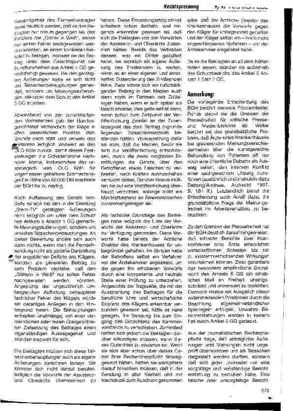 Vorschauseite 2: Verletzung journalistischer Sorgfaltspflichten/Meinungsäußerung im Krankenhaus Rechtsprechung