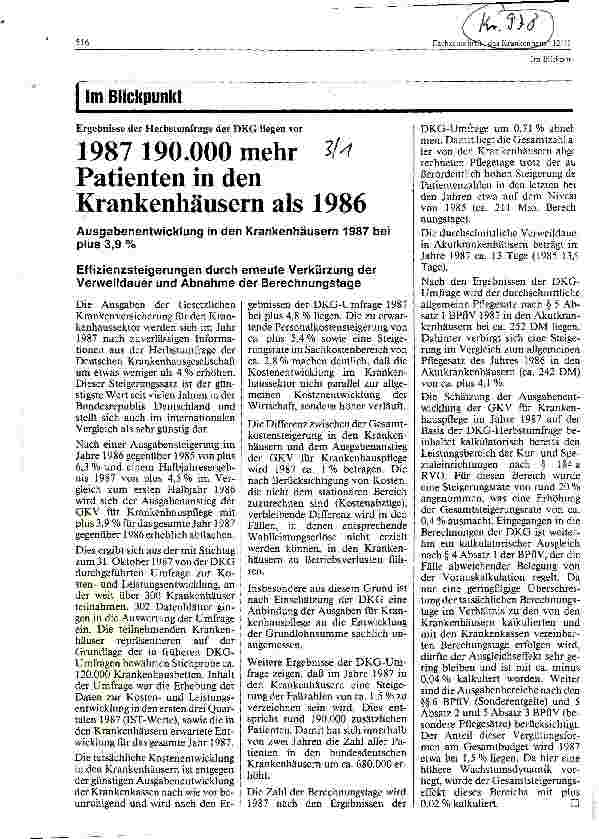 Vorschauseite 1: 1987 190.000 mehr Patienten in den Krankenhäusern als 1986 Ausgabenentwicklung in den Krankenhäusern 1987 bei 3,9%