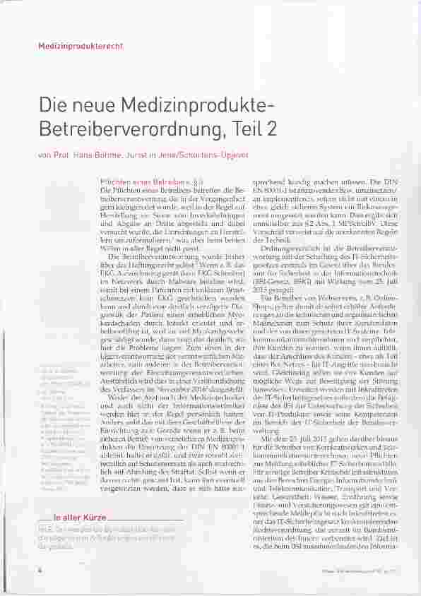 Vorschauseite 1: Die neue Medizinprodukte- Betreiberverordnung, Teil 2