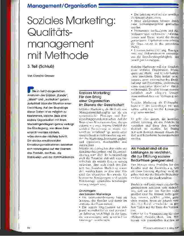 Vorschauseite 1: Soziales Marketing: Qualitätsmanagement mit Methode 3. Teil (Schluß)
