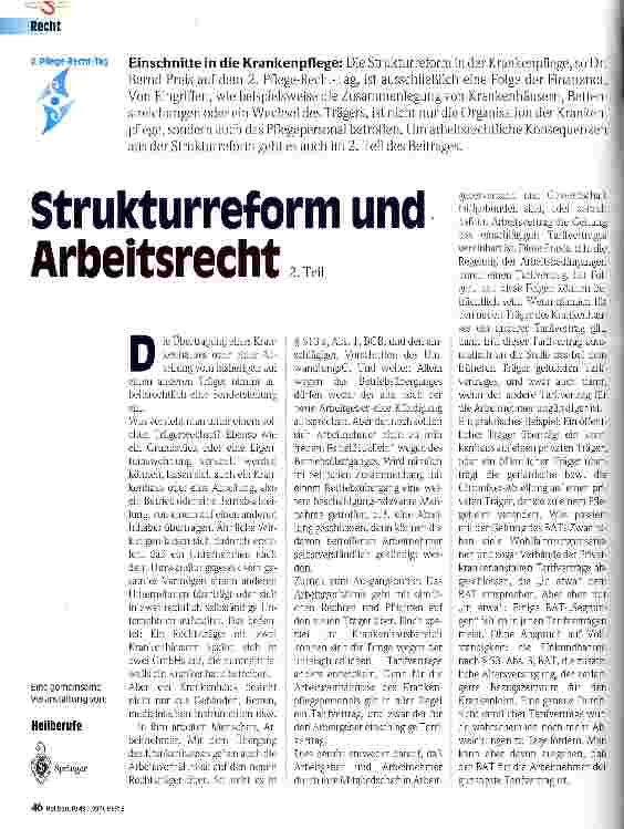 Vorschauseite 1: Strukturreform und Arbeitsrecht 2. Teil Einschnitte in die Krankenpflege