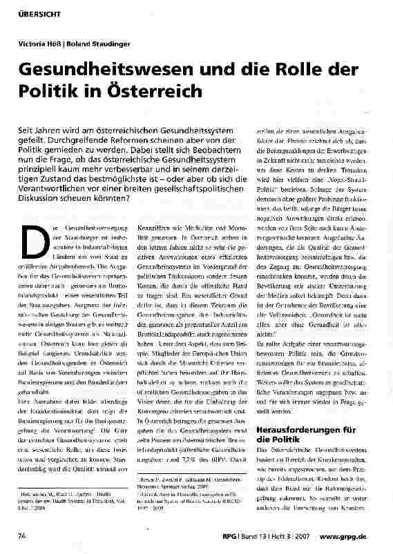 Vorschauseite 1: Gesundheitswesen und die Rolle der Politik in Österreich