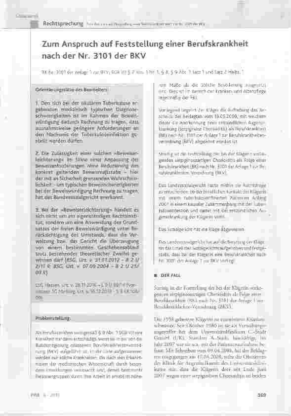 Vorschauseite 1: Zum Anspruch auf Feststellung einer Berufskrankheit nach der Nr. 3101 der BKV
