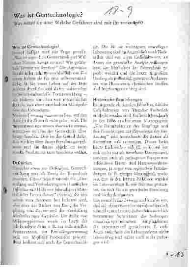 Vorschauseite 1: Was ist Gentechnologie? Was nützt sie uns? Welche Gefahren sind mit ihr verknüpft?