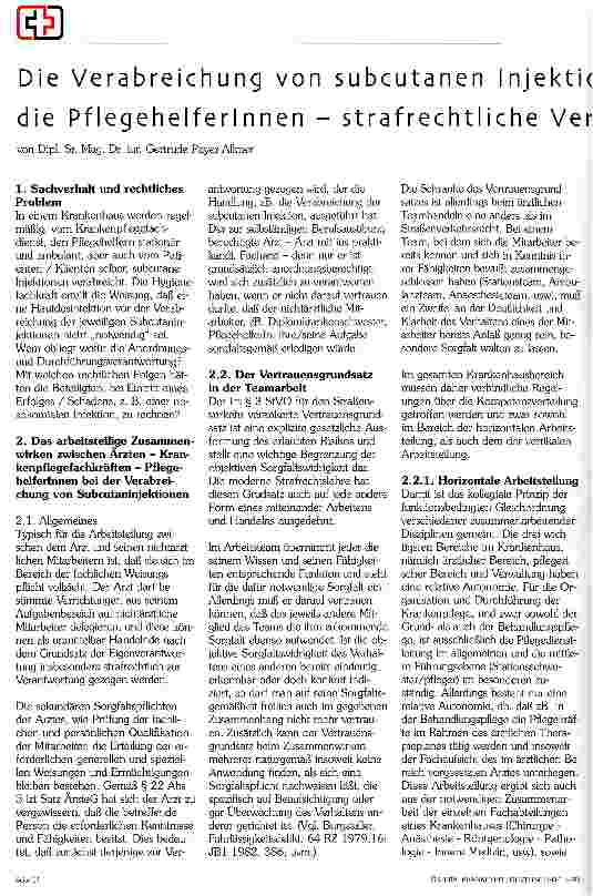 Vorschauseite 1: Die Verabreichung von subcutanen Injektionen durch den Krankenpflegefachdienst und die PflegehelferInnen - strafrechtliche Verantwortung und zivilrechtliche Haftung