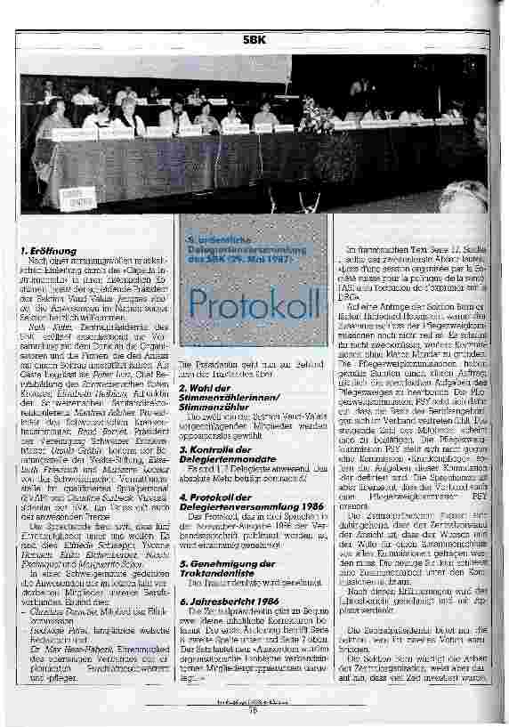 Vorschauseite 1: 8. ordentliche Delegiertenversammlung des SBK (29.Mai 1987) Protokoll