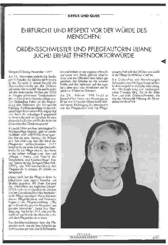 Vorschauseite 1: Ehrfurcht und Respekt von der Würde des Menschen: Ordensschwester und Pflegeautorin Liliane Juchli erhält Ehrendoktorwürde