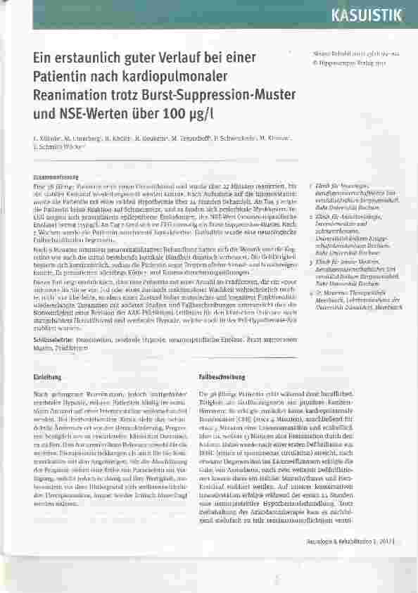 Vorschauseite 1: Ein erstaunlich guter Verlauf bei einer Patientin nach kardiopulmonaler Reanimation trotz Burst-Suppression-Muster und NSE-Werten Uber 100 pg/l