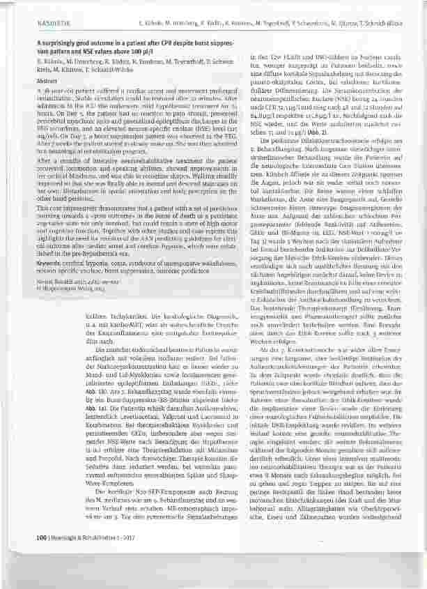 Vorschauseite 2: Ein erstaunlich guter Verlauf bei einer Patientin nach kardiopulmonaler Reanimation trotz Burst-Suppression-Muster und NSE-Werten Uber 100 pg/l