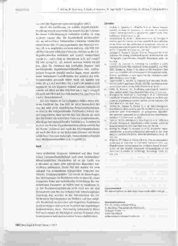 Vorschauseite 4: Ein erstaunlich guter Verlauf bei einer Patientin nach kardiopulmonaler Reanimation trotz Burst-Suppression-Muster und NSE-Werten Uber 100 pg/l