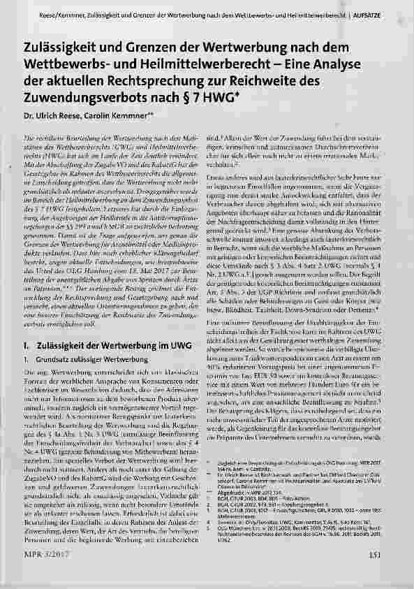 Vorschauseite 1: Zulässigkeit und Grenzen der Wertwerbung nach dem Wettbewerbsund Heilmittelwerberecht Eine Analyse der aktuellen Rechtsprechung zur Reichweite des Zuwendungsverbots nach § 7 HWG