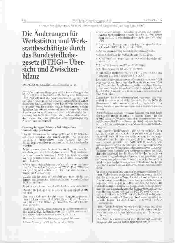 Vorschauseite 1: Die Änderungen für Werkstätten und Werkstattbeschäftirte durch das Bundesteilhabegesetz (BTHG) - Übersicht und Zwischenbilanz