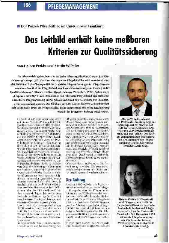 Vorschauseite 1: Der Prozeß Pflegeleitbild im Uni-Klinikum Frankfurt: Das Leitbild enthält keine meßbaren Kriterien zur Qualitätssicherung