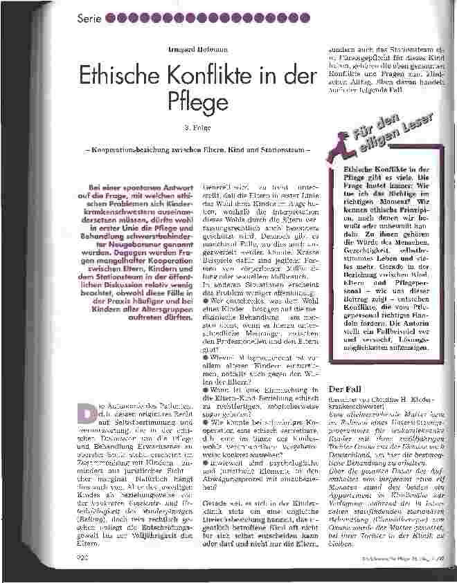 Vorschauseite 1: Ethische Konflikte in der Pflege 3. Folge: Kooperationsbeziehung zwischen Eltern, Kindern und Stationsteam