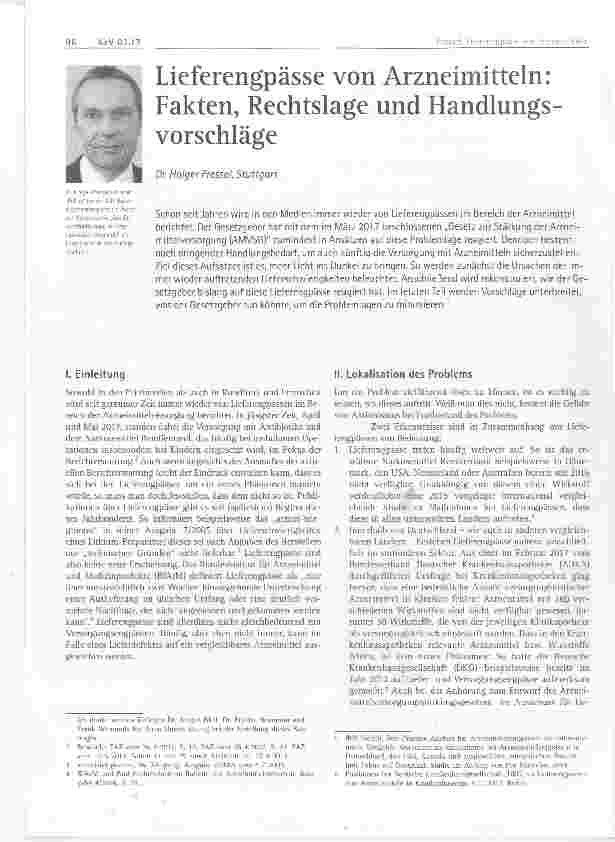 Vorschauseite 1: Lieferantenengpässe von Arzneimitteln: Fakten, Rechtslage und Handlungsvorschläge