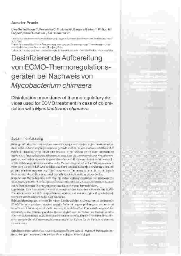 Vorschauseite 1: Desinfizierende Aufbereitung von ECMO-Thermoregulationsgeräten bei Nachweis von Mycobacterium chimaera