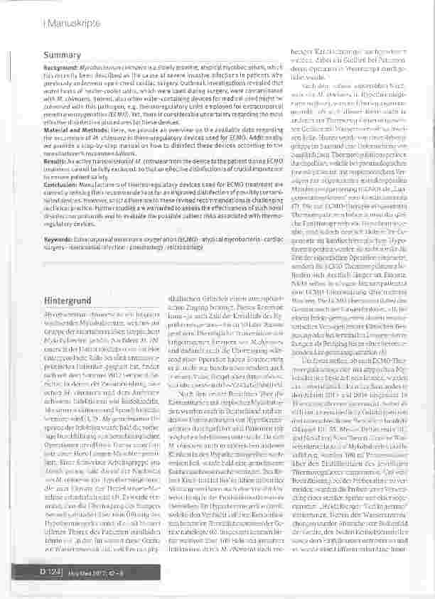 Vorschauseite 2: Desinfizierende Aufbereitung von ECMO-Thermoregulationsgeräten bei Nachweis von Mycobacterium chimaera