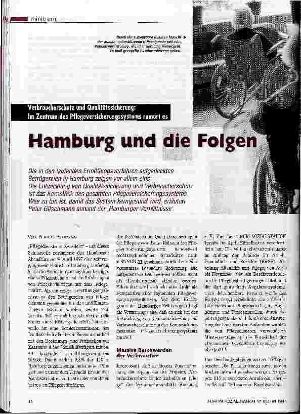 Vorschauseite 1: Hamburg und die Folgen Verbraucherschutz und Qualitätssicherung :Im Zentrum des Pflegerversicherung ssystems rumort es