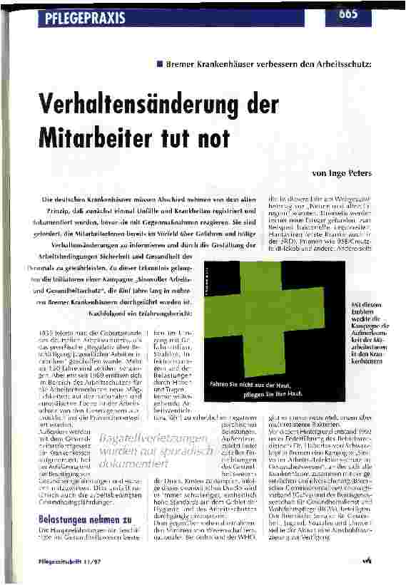 Vorschauseite 1: Verhaltensänderung der Mitarbeiter tut not Bremer Krankenhäuser verbessern den Arbeitsschutz
